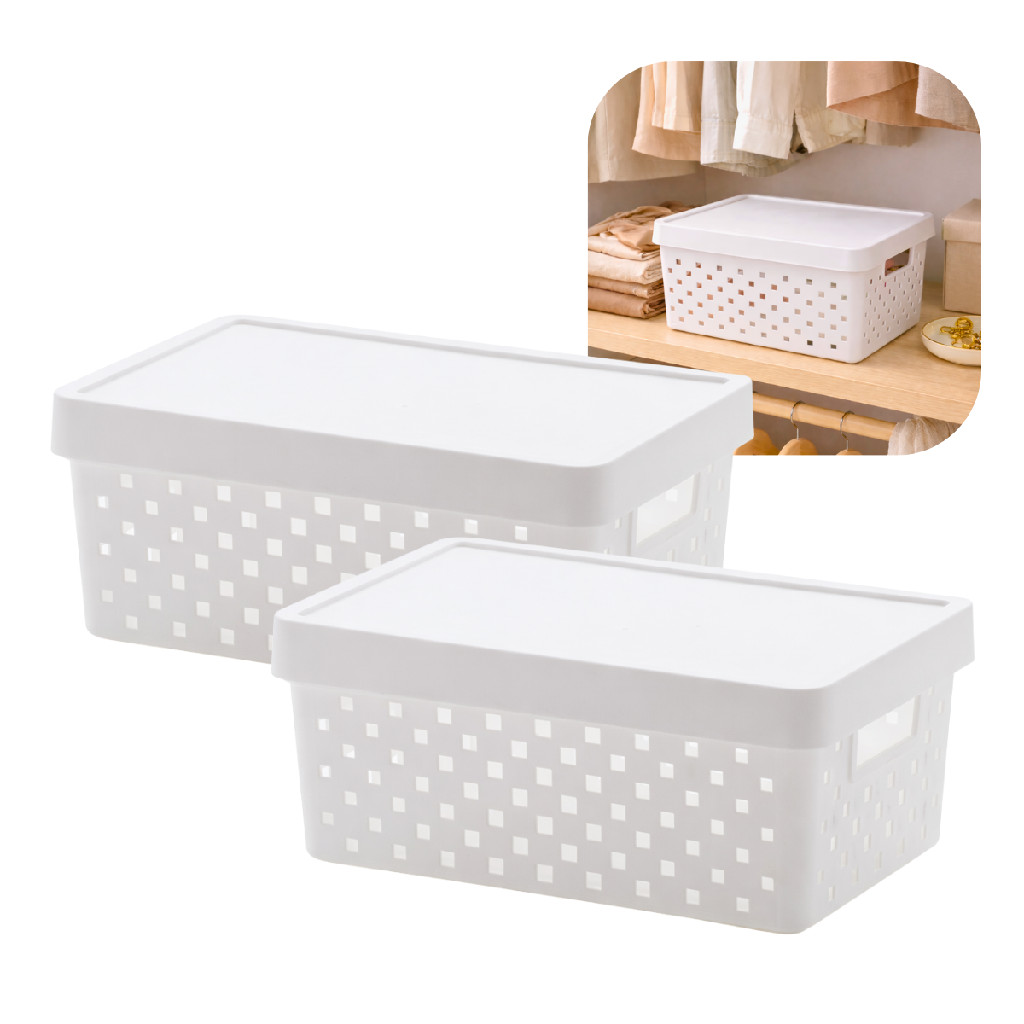 Kit 2 Cesto Organizador Branco com Tampa Decorar Guarda Roupa Closet Cozinha Armário Estante Escritório Prateleira Sala