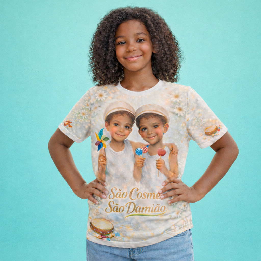 Camiseta São Cosme e São Damião Camisa Protejam Nossas Crianças Religiosa