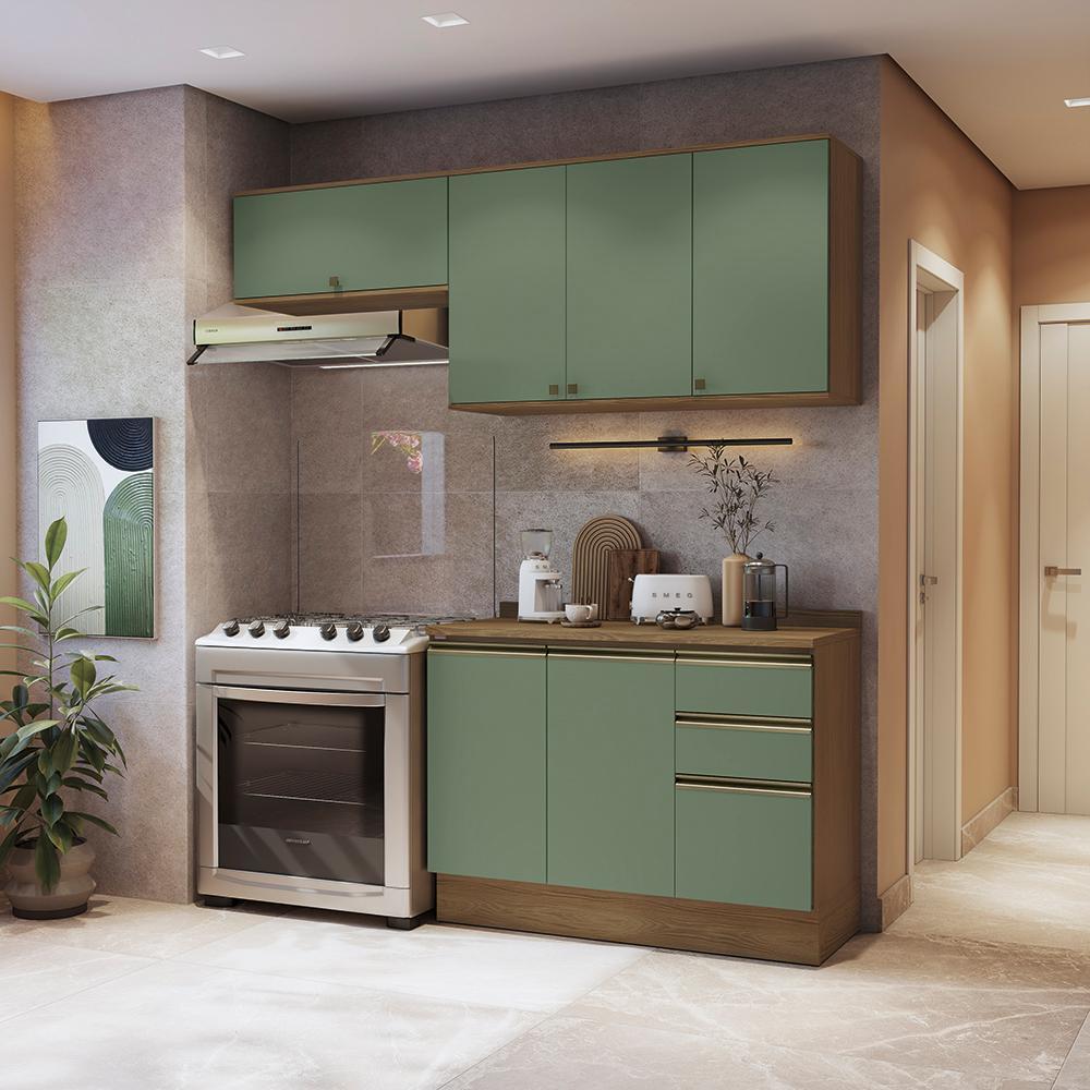 Armário de Cozinha Compacta 3 Gavetas 100% MDF 200cm Nogueira/Verde Celeste Kappesberg