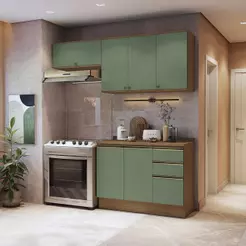 Armário de Cozinha Compacta 3 Gavetas 100% MDF 200cm Nogueira/Verde Celeste Kappesberg