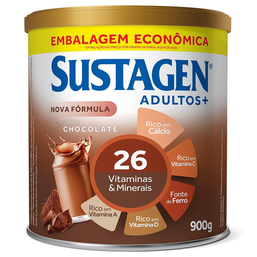 Complemento Alimentar Sustagen Adultos+ Sabor Chocolate Lata 900g em Oferta na Shopee
