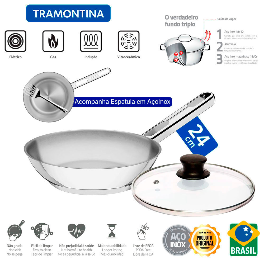 Frigideira com Tampa 24cm Tramontina Allegra em Aço Inox e Indução 2,1L e Espátula Vazada Inox