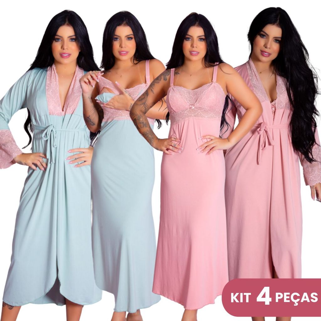 Kit 2 Camisolas longas e 2 Robes Longos Maternidade Elegante