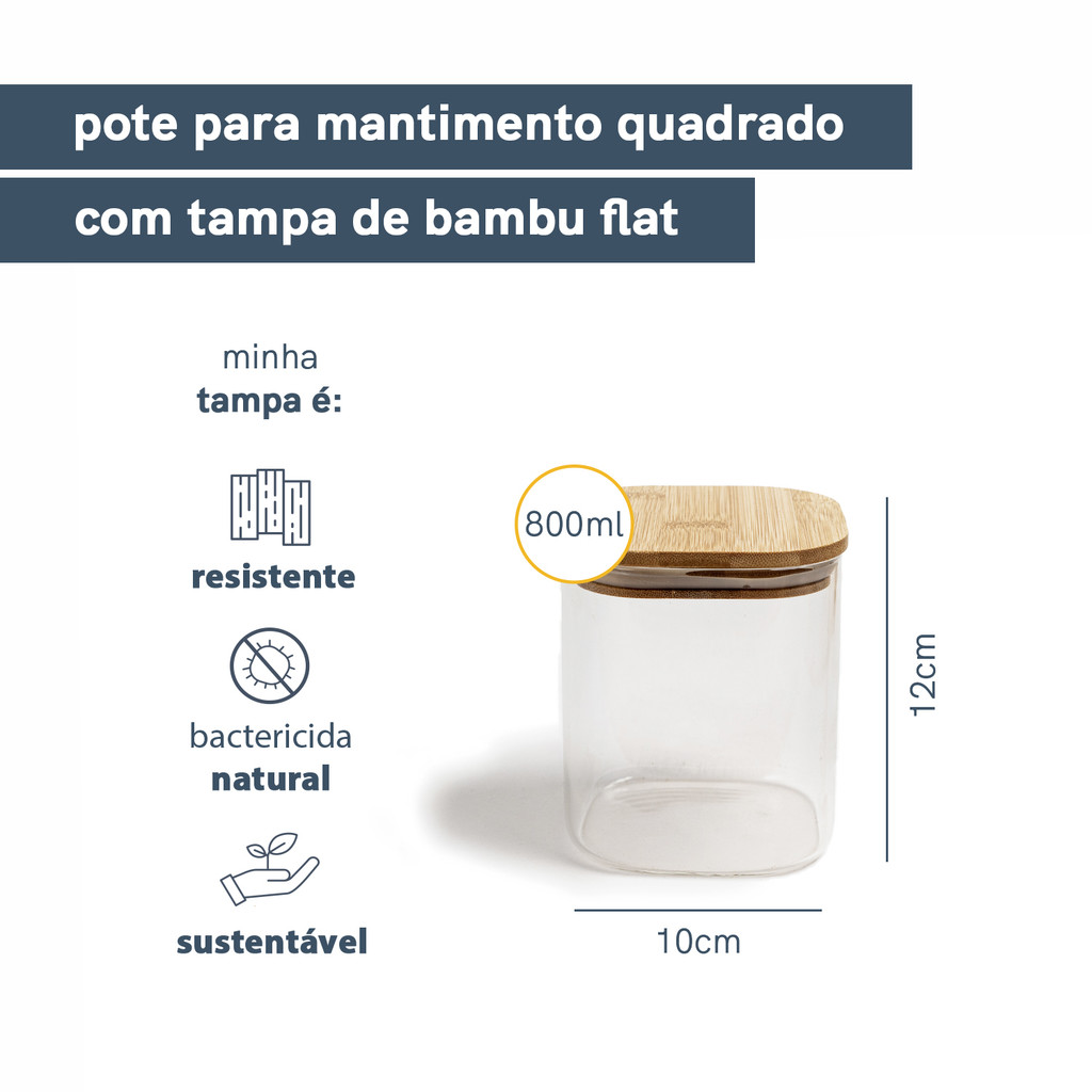 Pote de Mantimentos Quadrado Flat 800ml Tampa Bambu - Oikos 800ml · foto 2