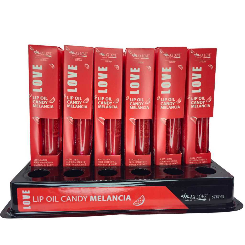 BOX C/ 36 LIP OIL CANDY MELANCIA MAX LOVE — HIDRATAÇÃO INTENSA E BRILHO ESPELHADO