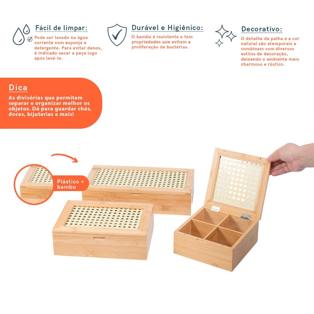 Kit Chá com Caixa de Bambu com Palhinha 4/8 Nichos 3pç - Oikos — imagem 2 de 2