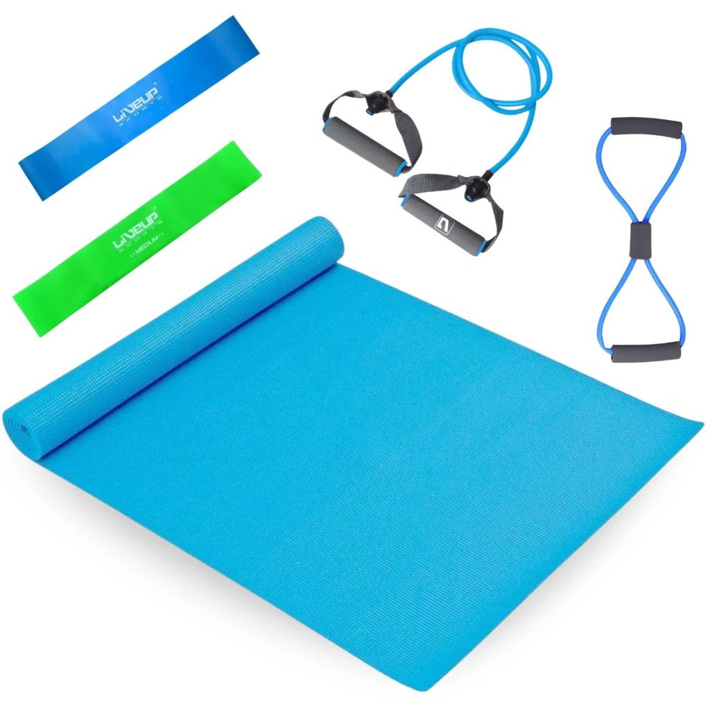 Kit Treino Yoga e Pilates Colchonete + 2 Mini Bands + Extensor em 8 e Extensor Elástico 1 Via