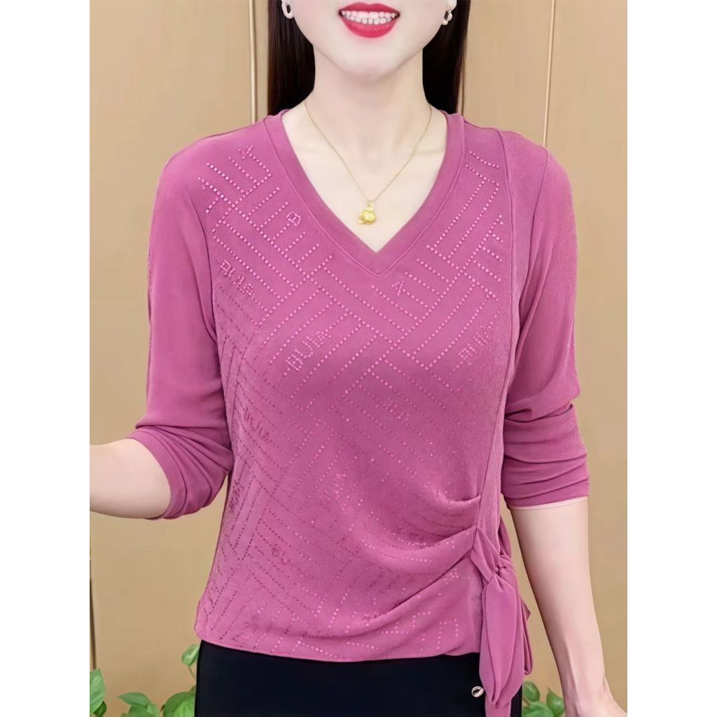 2025 primavera outono estilo ocidental com decote em V quente-stras manga comprida camiseta feminina novo estilo tamanho