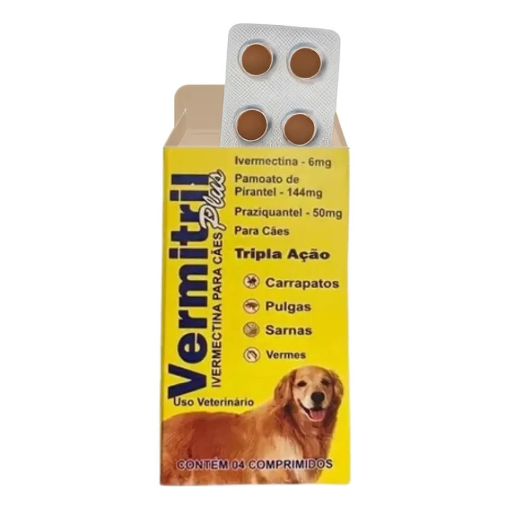 Anti Pulga, Sarna, Vermes E Carrapatos Vermitril Plus Cães 16-30kg - 4 comprimidos sabor carne em Oferta na Shopee