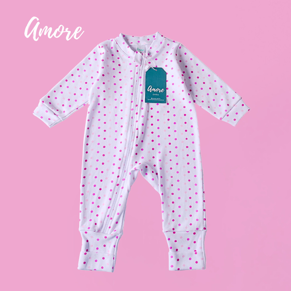 Macacão de Bebê Amore Vira Pé Bolinha Clássica Com Zíper 100% Algodão