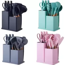 Kit 19 Peças Jogo de Utensílios Para Cozinha em Silicone Com Cabo de Madeira Completo