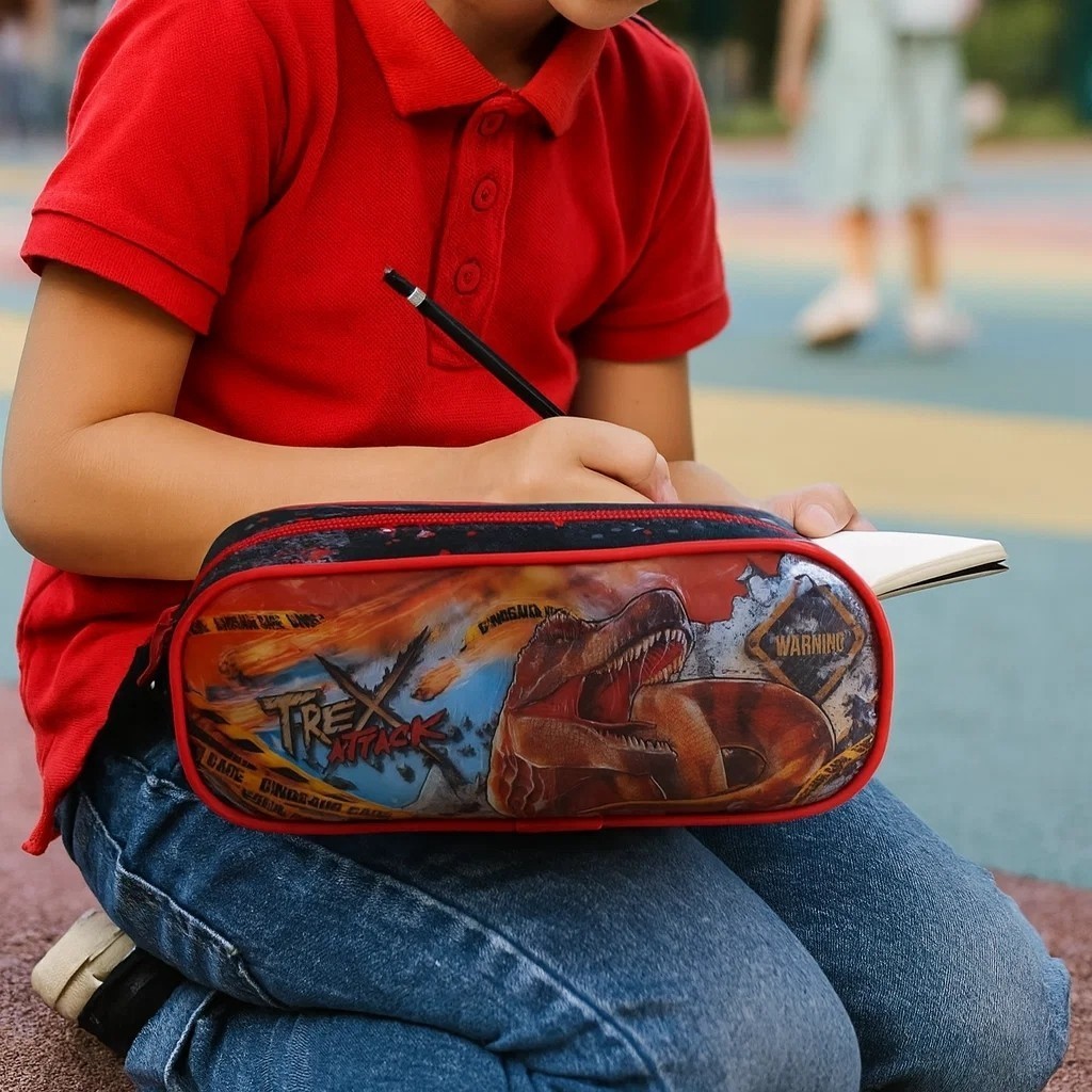 Estojo Escolar Dinossauro Preto Vermelho Porta Lápis Caneta Borracha Apontador Achadinhos