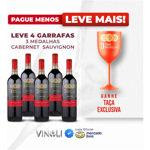 Kit + Brinde Vinho Chileno Santa Rita 3 Medallas Cabernet Sauvignon 4 X 750ml