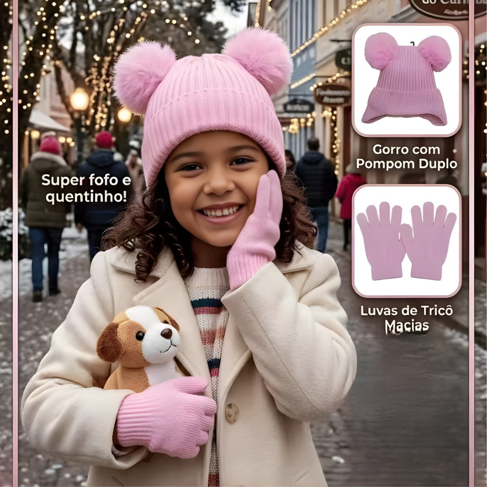 Kit Touca e Luvas Infantil 4-8 anos Superaquecimento no Inverno - Ideal para Escola, Viagem e Férias