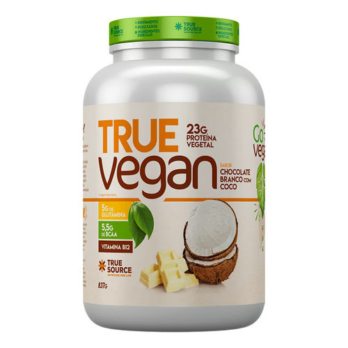 True Vegan Proteína Vegana 837g - True Source - Zero Lactose Sabor Chocolate Branco C/coco