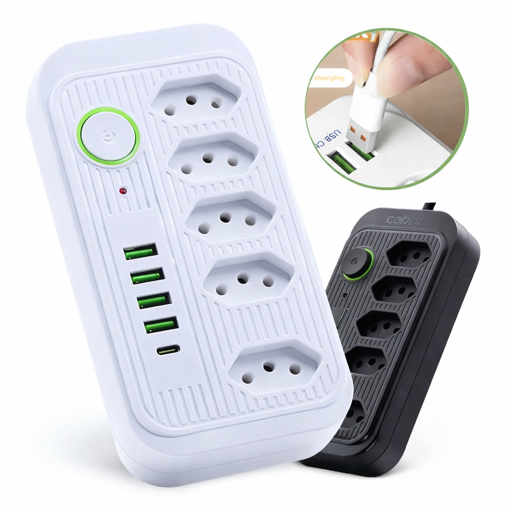 Filtro de Linha Extensao 5 Tomadas 4 USB USB C Carregador Protetor Surto Energia Eletronicos