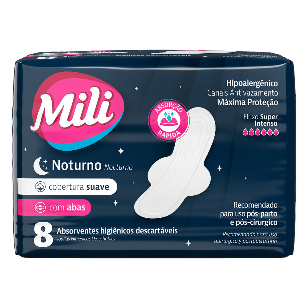 Absorvente Mili Noturno Suave com Abas 8 Unidades