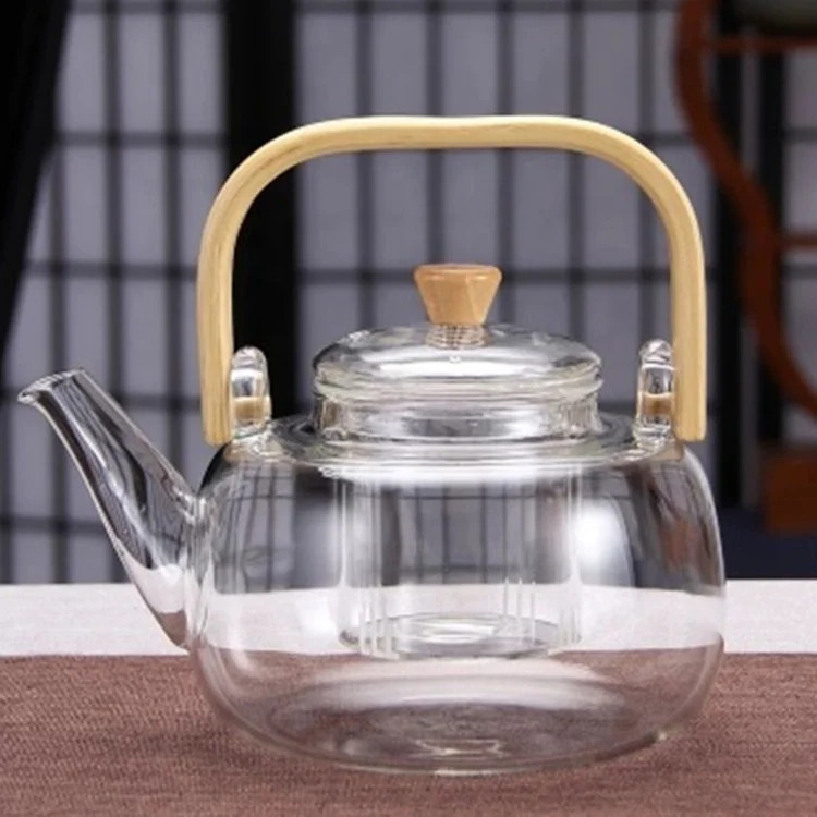 Bule de Vidro Borossilicato que Vai no Fogo com Pote Infusor e Alça de Bambu