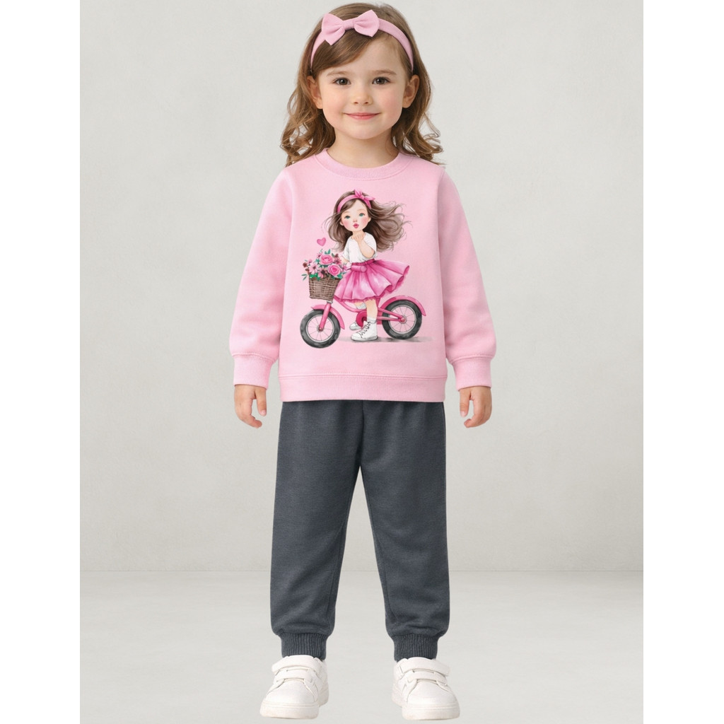 Conjunto Infantil Menina Inverno Blusa Rosa e Calça Mescla Escuro Moletom Confortável Kyly 1001508