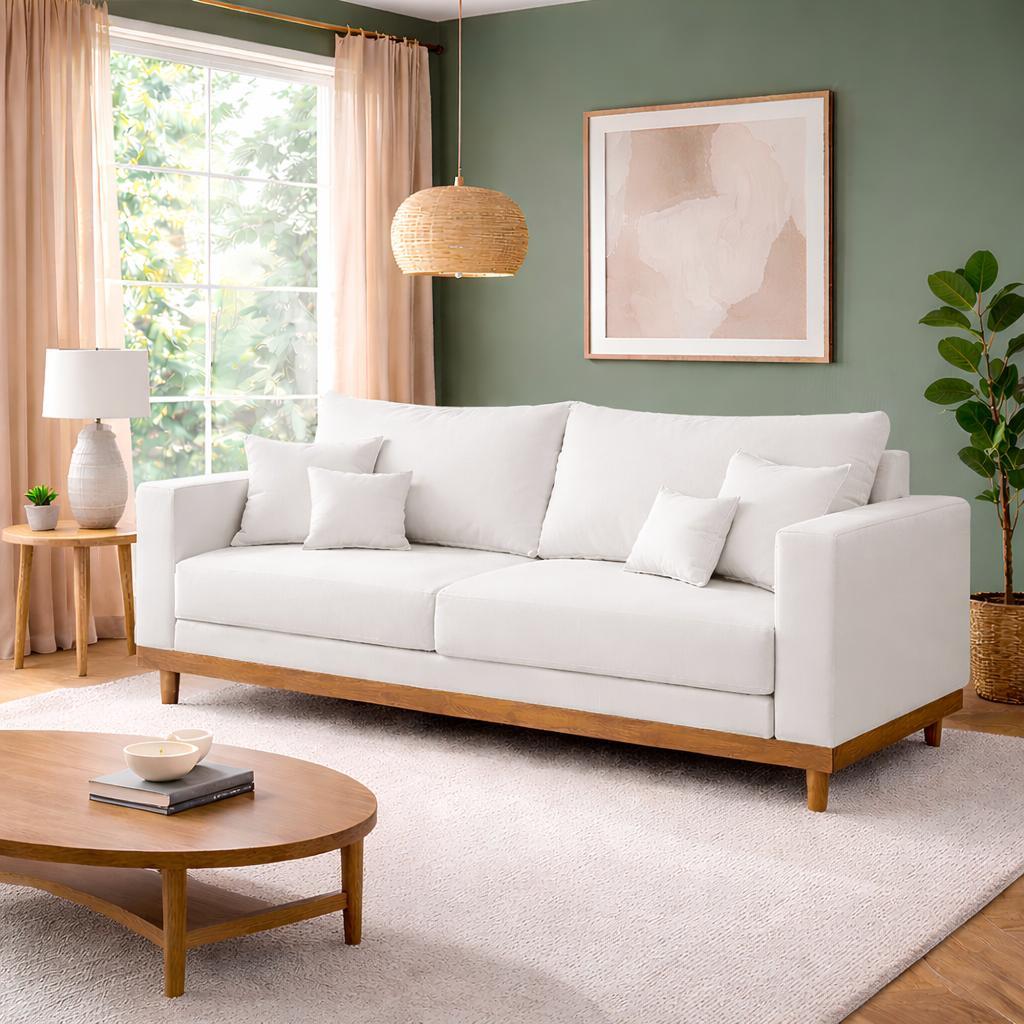 Sofá 3 Lugares Living Com Base Madeira Linho Balaqui Decor