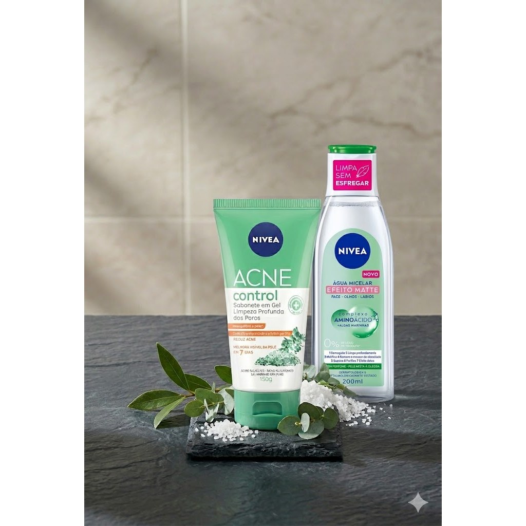 KIT ACNE CONTROL | 2 PRODUTOS | NIVEA Água Micelar Solução de Limpeza 7 em 1 Efeito Matte 200ml + SABONETE GEL ACNE CONT