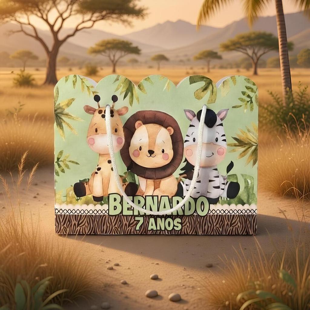 Kit Sacola Sacolinha Papelaria Personalizada Safari Sacolinha de Lembrancinha Caixinha para Festa