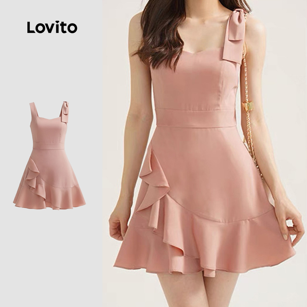 Lovito Vestido elegante com babados e bainha plissada primavera/verão vestido rosa para mulheres LK3ED611