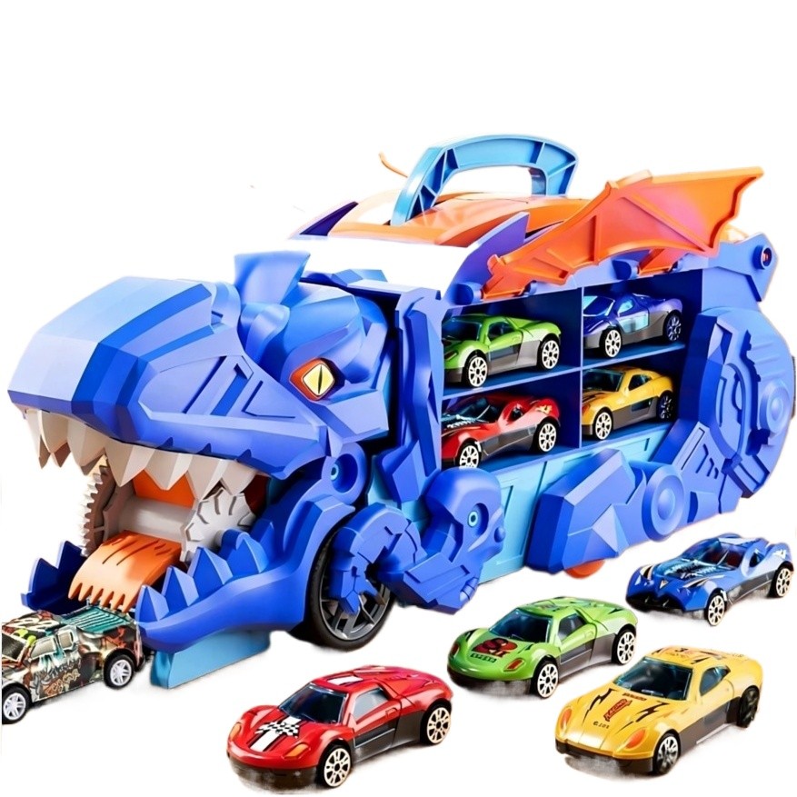 Caminhão Dinossauro T-Rex Engole Carrinhos com 4 Carros de Metal Transformável com Pista Rampa e Alça MUITO BOM
