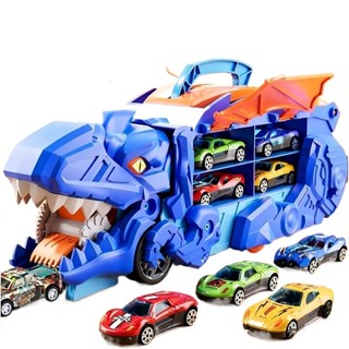 Caminhão Dinossauro T-Rex Engole Carrinhos com 4 Carros de Metal Transformável com Pista Rampa e Alça MUITO BOM