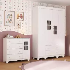 Quarto de Bebê Completo com Guarda-Roupas 4 Portas e Cômoda Luna Multimóveis MP4794