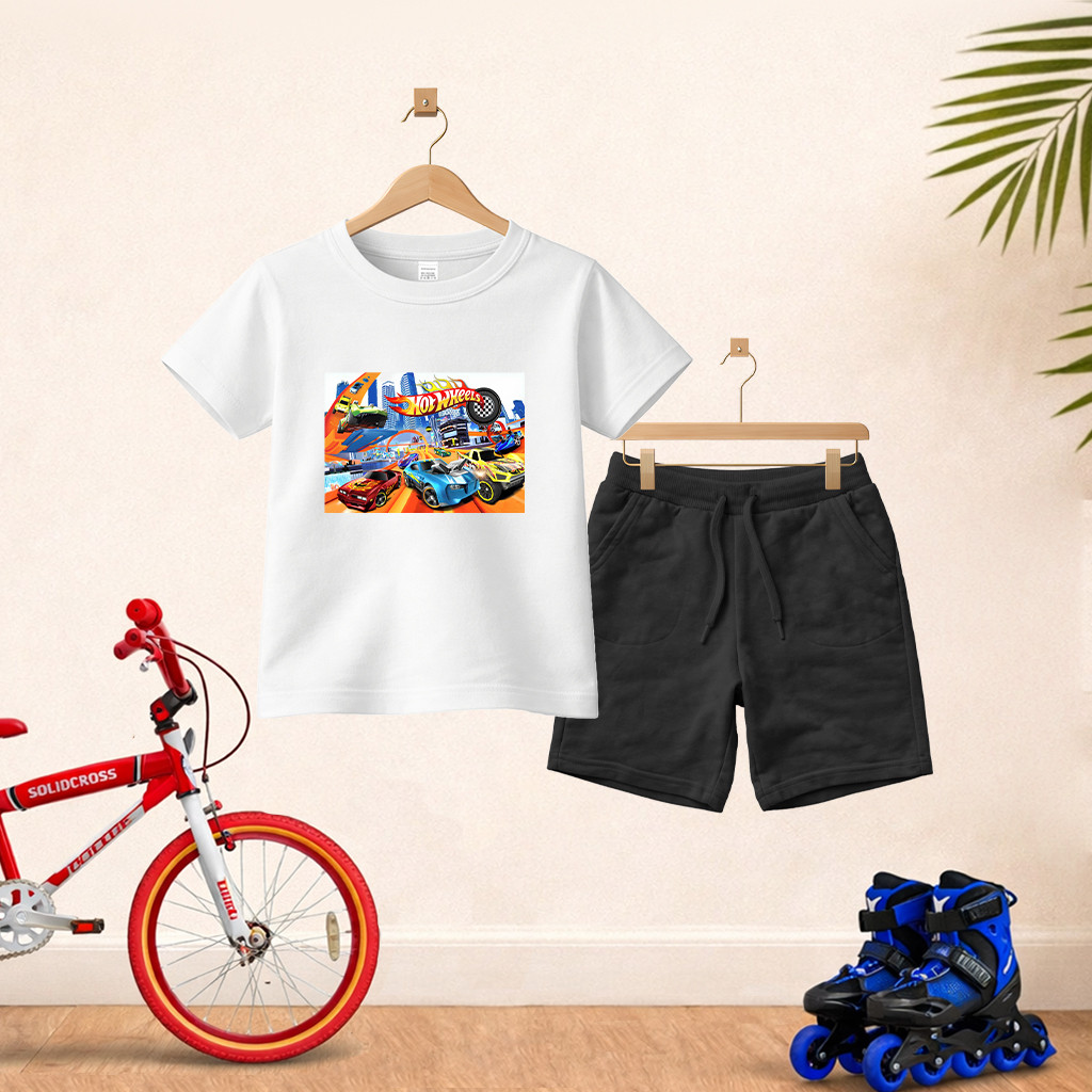 Camiseta Short Conjunto Infantil Desenho H Weels Em Algodão Conjunto De Bermuda Juvenil Conjunto De Bermuda Juvenil