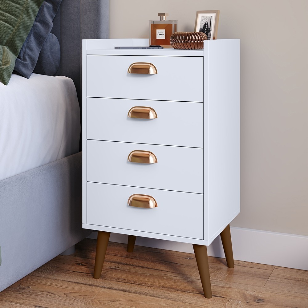 Mesa de Cabeceira Criado com 4 Gavetas Gaveteiro Monet Puxadores Concha criado lateral cama