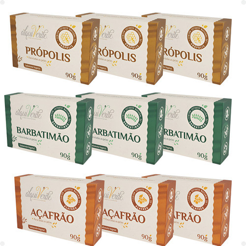 Kit com 9 Sabonetes Naturais Veganos Alquiverde – Própolis, Barbatimão e Açafrão | Hidratante e Antisséptico