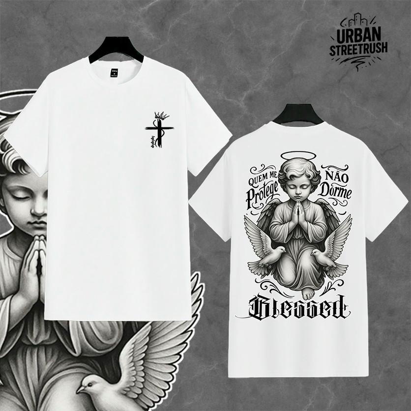 Camiseta Streetwear "Anjo BLESSED" - 26.1 Algodão, Estampa Linda e Elegante Pro Dia a Dia em Oferta na Shopee