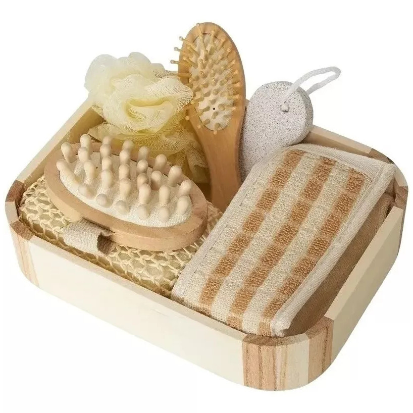 Kit Banho Spa Caixa Madeira Presente Massagem Relaxante Escova Massageadora