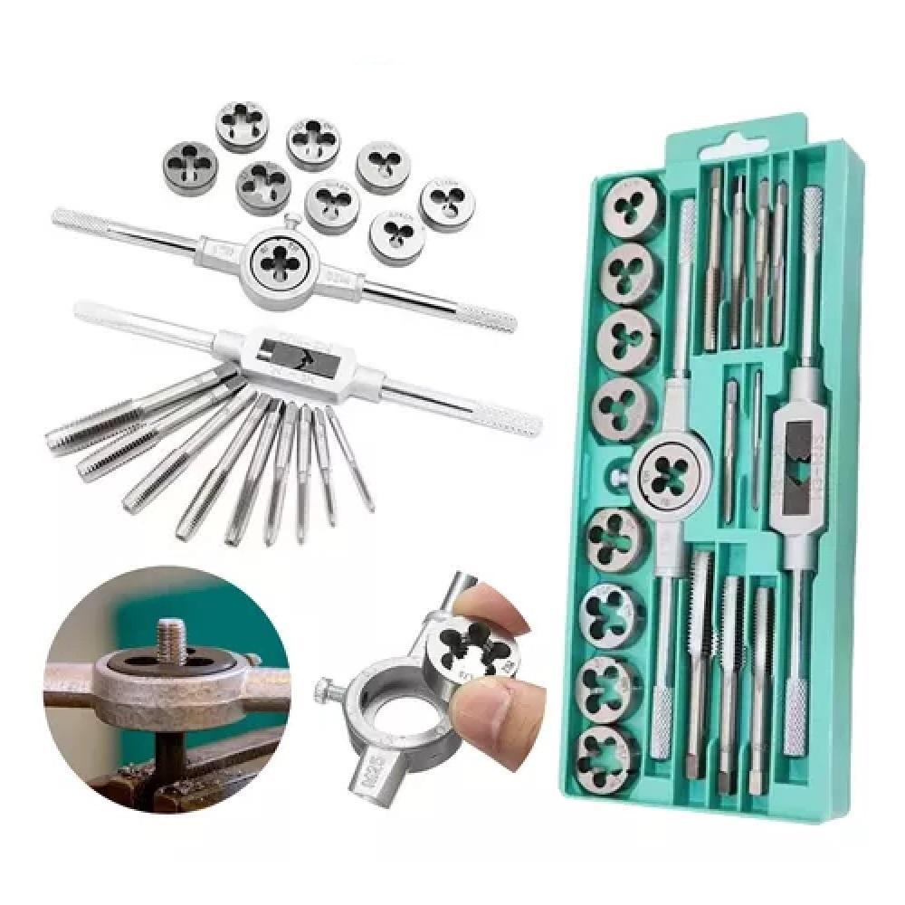 KIT JOGO DE TARRACHA FEMEA E MACHO PENTE ABRE ROSCA FINA 20 PECAS COSSINETE MANUAL COM MALETA BLISTER PROFISSIONAL