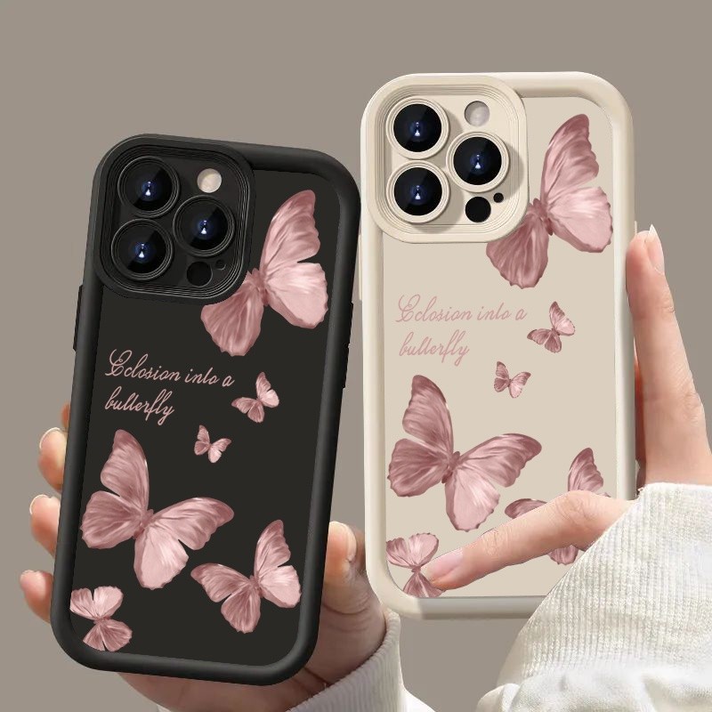 Capinha Capa de silicone Anti-impacto Borboleta-rosa para iPhone XR 11 12 13 14 15 16 17 pro max plus case em Oferta na Shopee