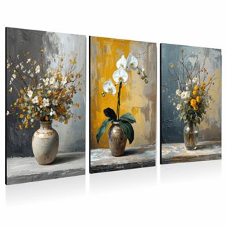 Trio de Quadros Floral com Vasos e Orquídea Arte Moderna, Casa, Quarto, Cozinha, Sala de Estar, Escritório, Hall) em Oferta na Shopee