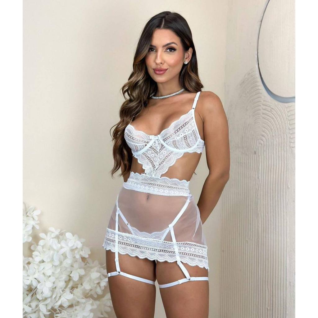 Conjunto Lingerie Luxo Feminino Deluxe Renda Sainha Sexy Fio Dental Com Cinta Liga em Oferta na Shopee