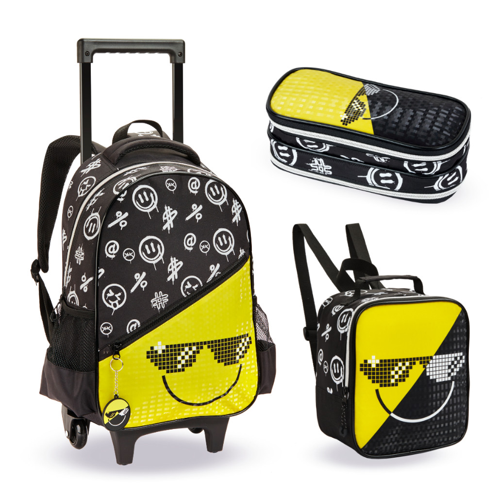Kit Mochila Escolar de Rodinha Refletiva Gamer Happy World 3d 3 peças