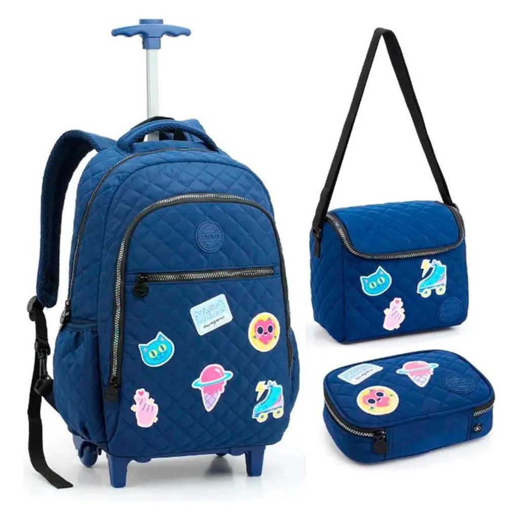 Kit Mochila Rodinha Lancheira Estojo Box  Awesome Colorup Azul Seanite