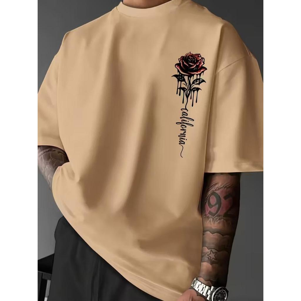 Camiseta Masculina Streetwear Algodão Penteado Infantil Adulto Plus Size Estampa Flor California Moda Minimalista