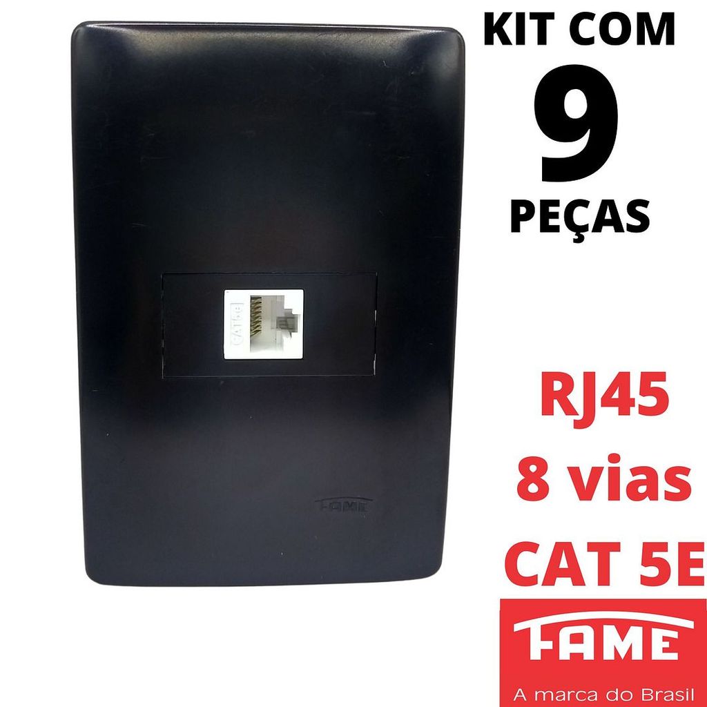 9un Tomada Rede de Informatica RJ45 CAT 5E 8 Vias Com Placa 4x2 Habitat Black Preto FAME