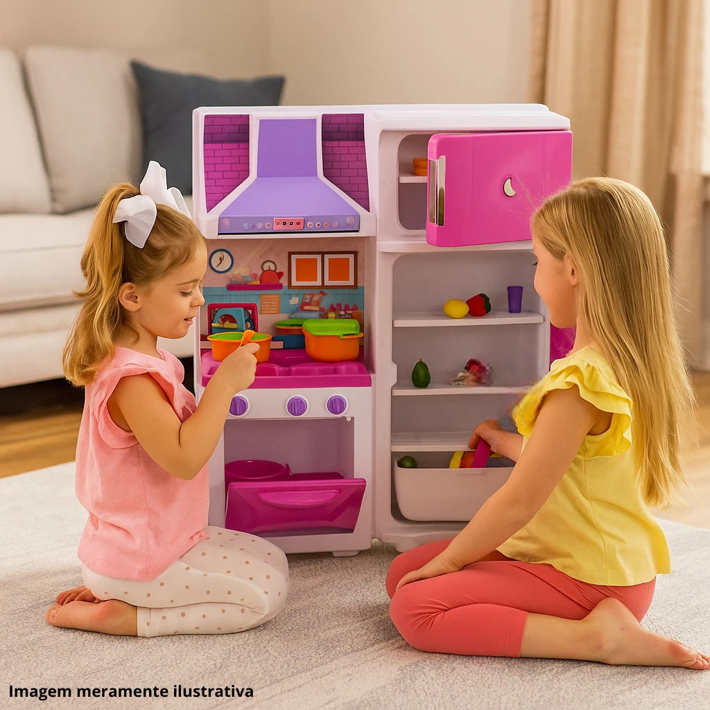 Cozinha Brinquedo Infantil Rosa Fogão Forno Freezer Geladeira Porta Abre Kit Panelinhas Comidinhas