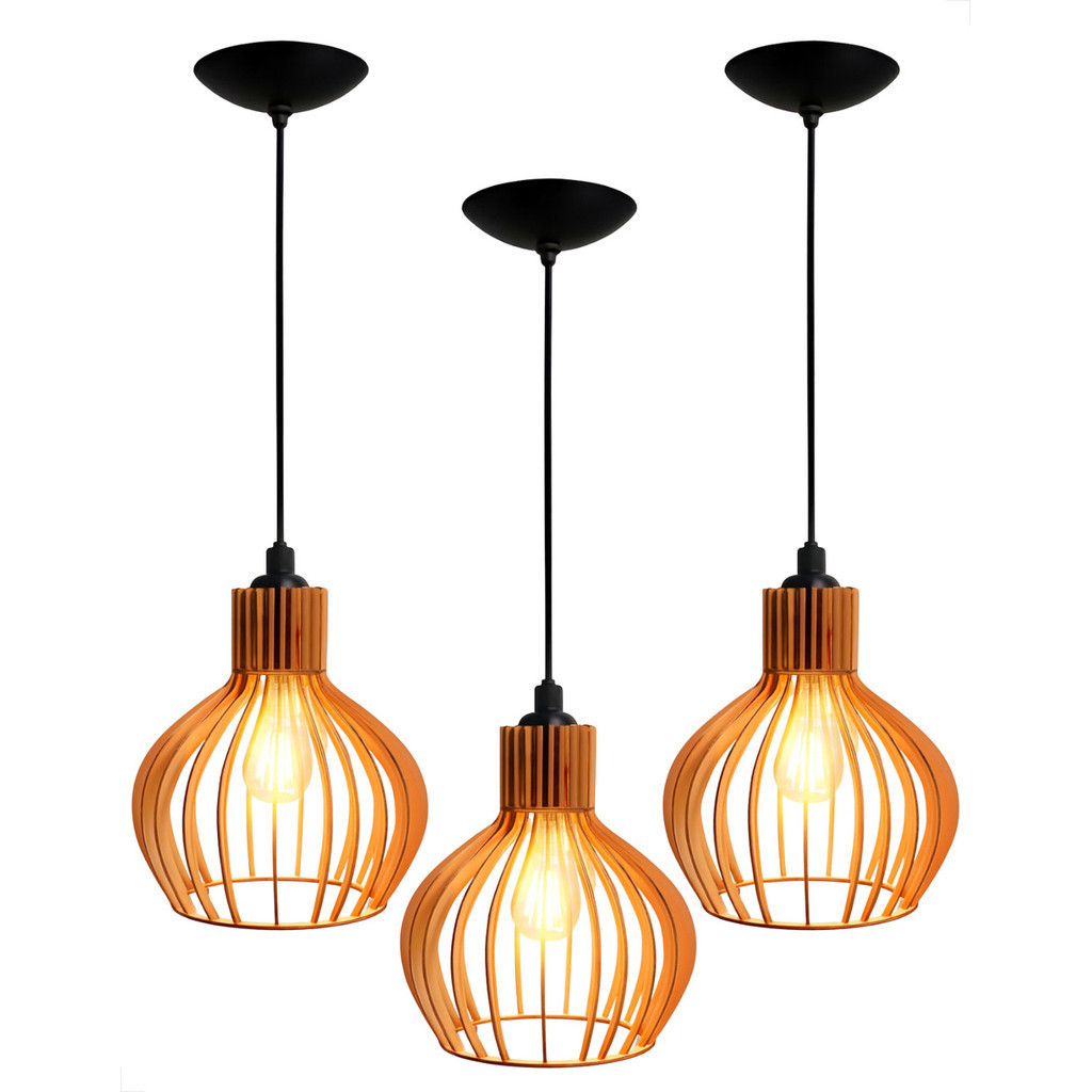 Lustre Pendente Sala Luminária De Teto Cozinha Madeira 3 Uni