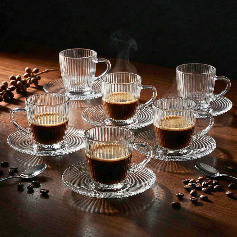 Conjunto de 6 Xícaras de Café com Pires Vidro 100ml Sleek Canelado Mimo Style