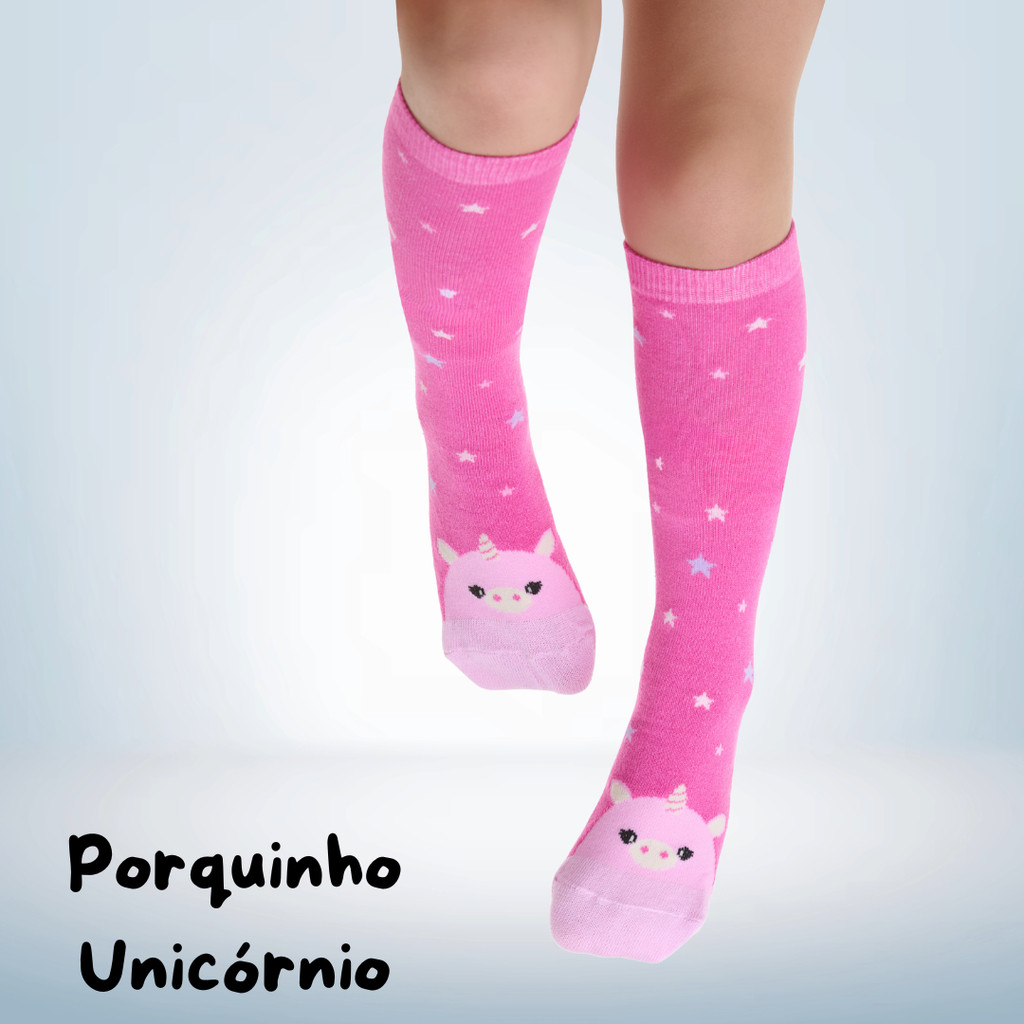 Meia 3/4 Infantil Divertida Colorida Fofa Vários Modelos Gata Unicórnio Laço — imagem 2 de 2