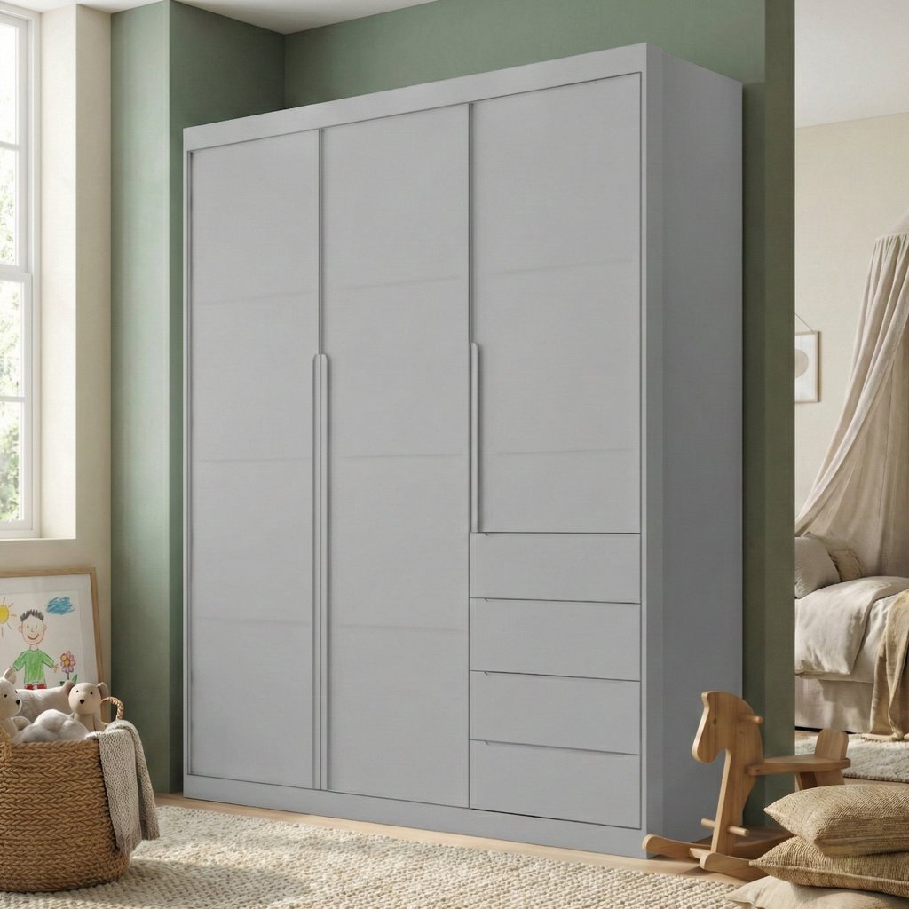Guarda-Roupa Infantil 3 Portas e 4 Gavetas 220cm Pérola Cinza Cinza