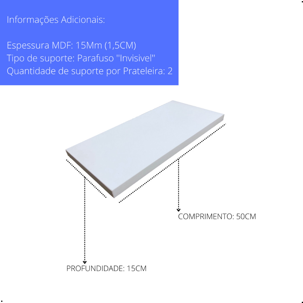 1 Prateleira Branca 50X15 Com Suporte Flutuante Mdf  Organizadora Decoração Cozinha Quarto Banheiro