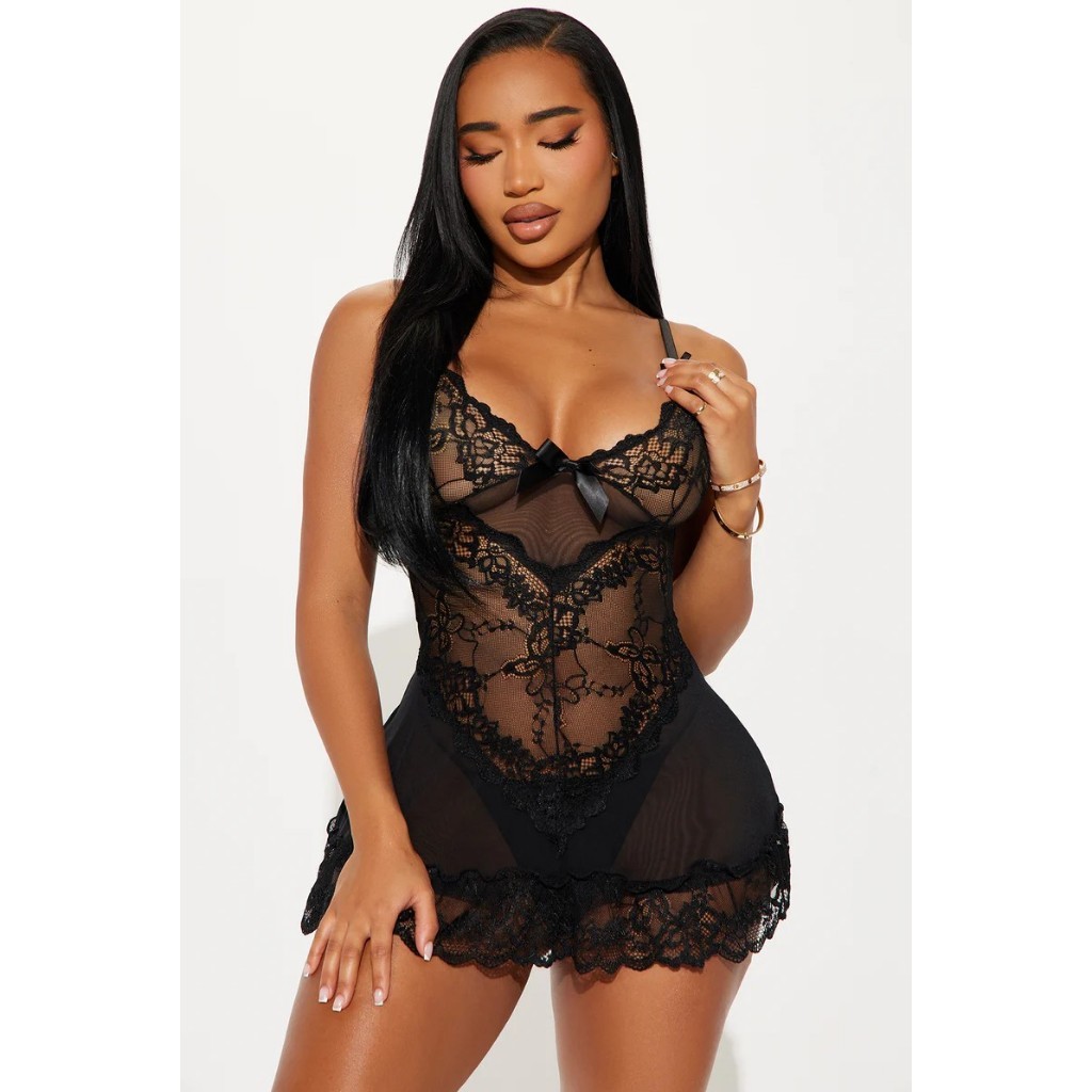 Camisola Sexy de Tule Transparente e Renda com Calcinha em Oferta na Shopee